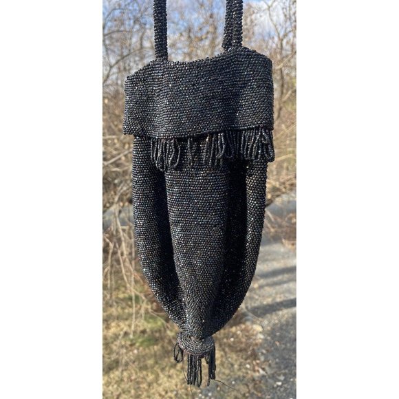 Antique Vintage 20th C.  Dark Iridescent Beaded Flapper Art Deco Glass Purse Bag - Picture 5 of 16